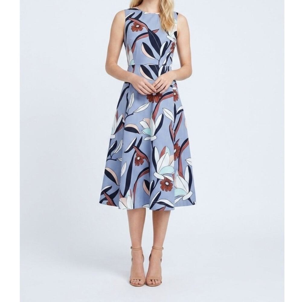 Ann Taylor Water Lily Blue Floral A-Line Midi Dress Size 6 Sleeveless Wedding